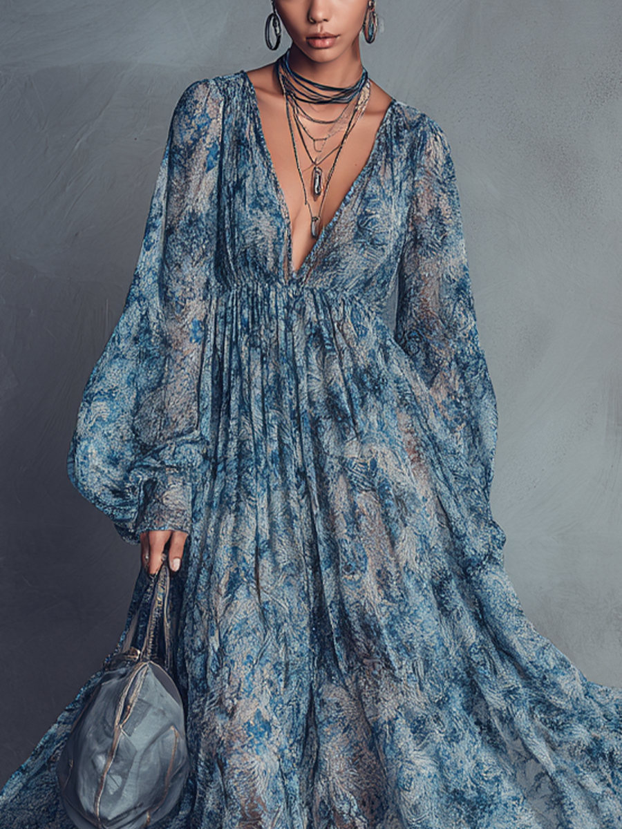 Grace - Bohemian Style Blue Floral Print Chiffon Maxi Dress — view 3
