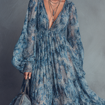 Grace - Bohemian Style Blue Floral Print Chiffon Maxi Dress — view 3