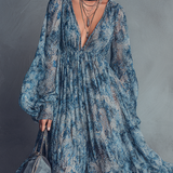 Grace - Bohemian Style Blue Floral Print Chiffon Maxi Dress — view 3