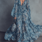 Grace - Bohemian Style Blue Floral Print Chiffon Maxi Dress