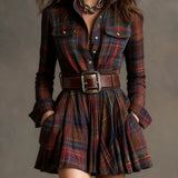 Red and Brown Checked Retro Mini Dress, with Belt — view 5
