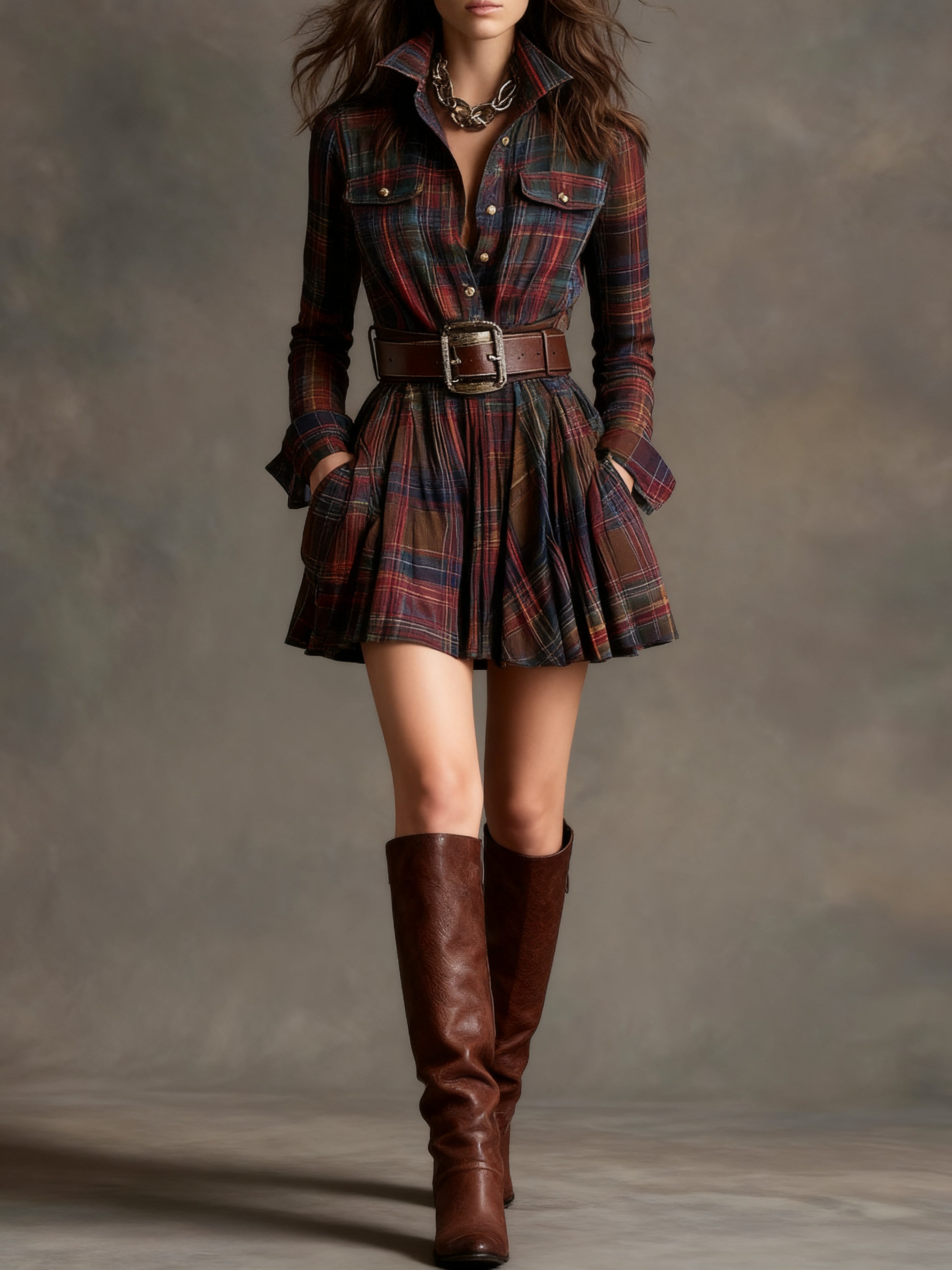 Red and Brown Checked Retro Mini Dress, with Belt