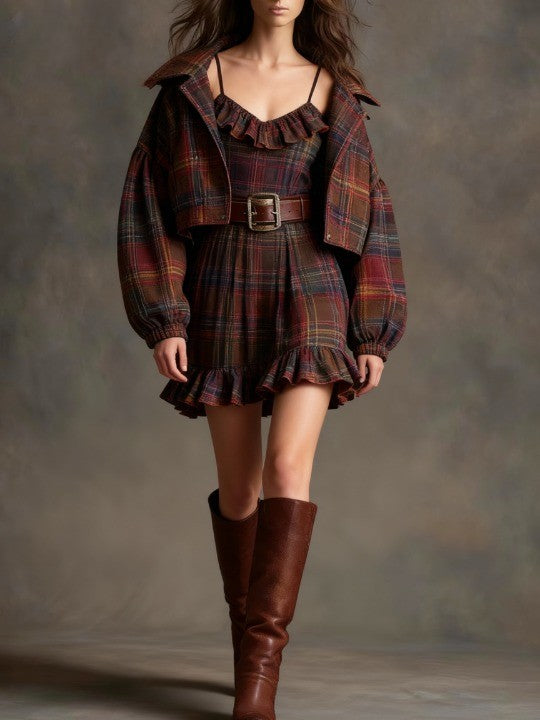 Checked Ruffled Mini Dress with Relaxed Coat (with Belt) — view 3