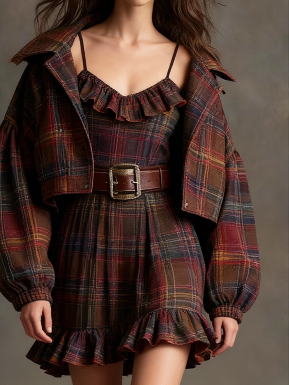 Checked Ruffled Mini Dress with Relaxed Coat (with Belt)