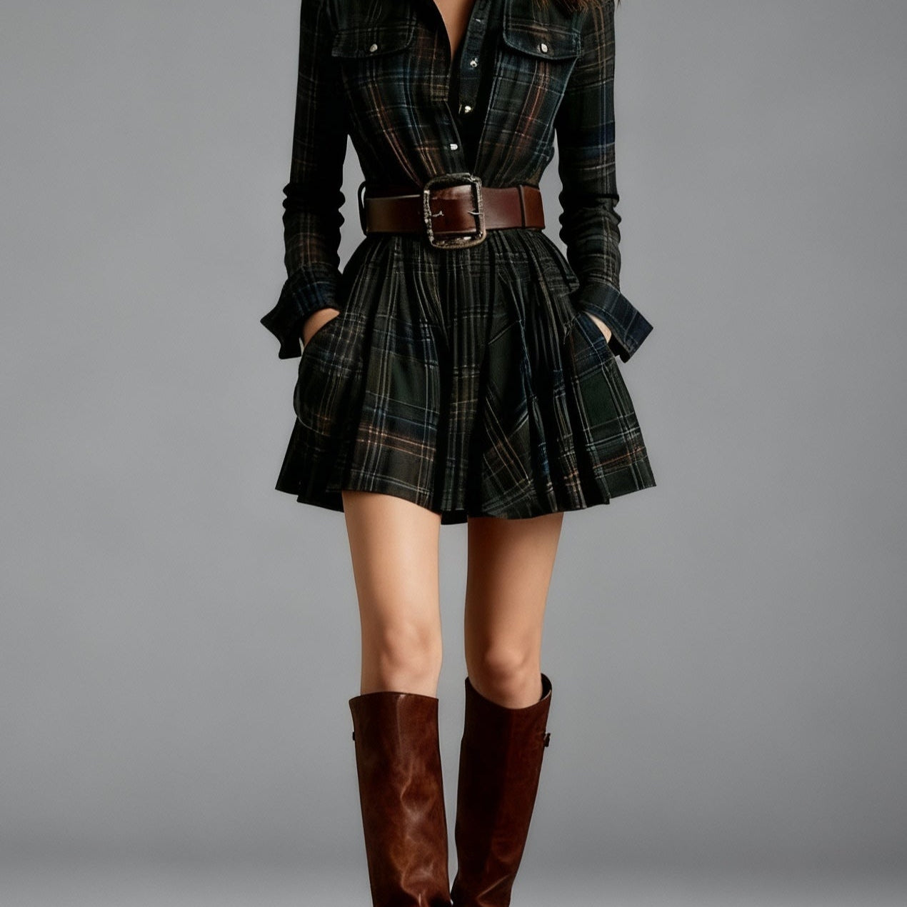 Red and Brown Checked Retro Mini Dress, with Belt — view 2