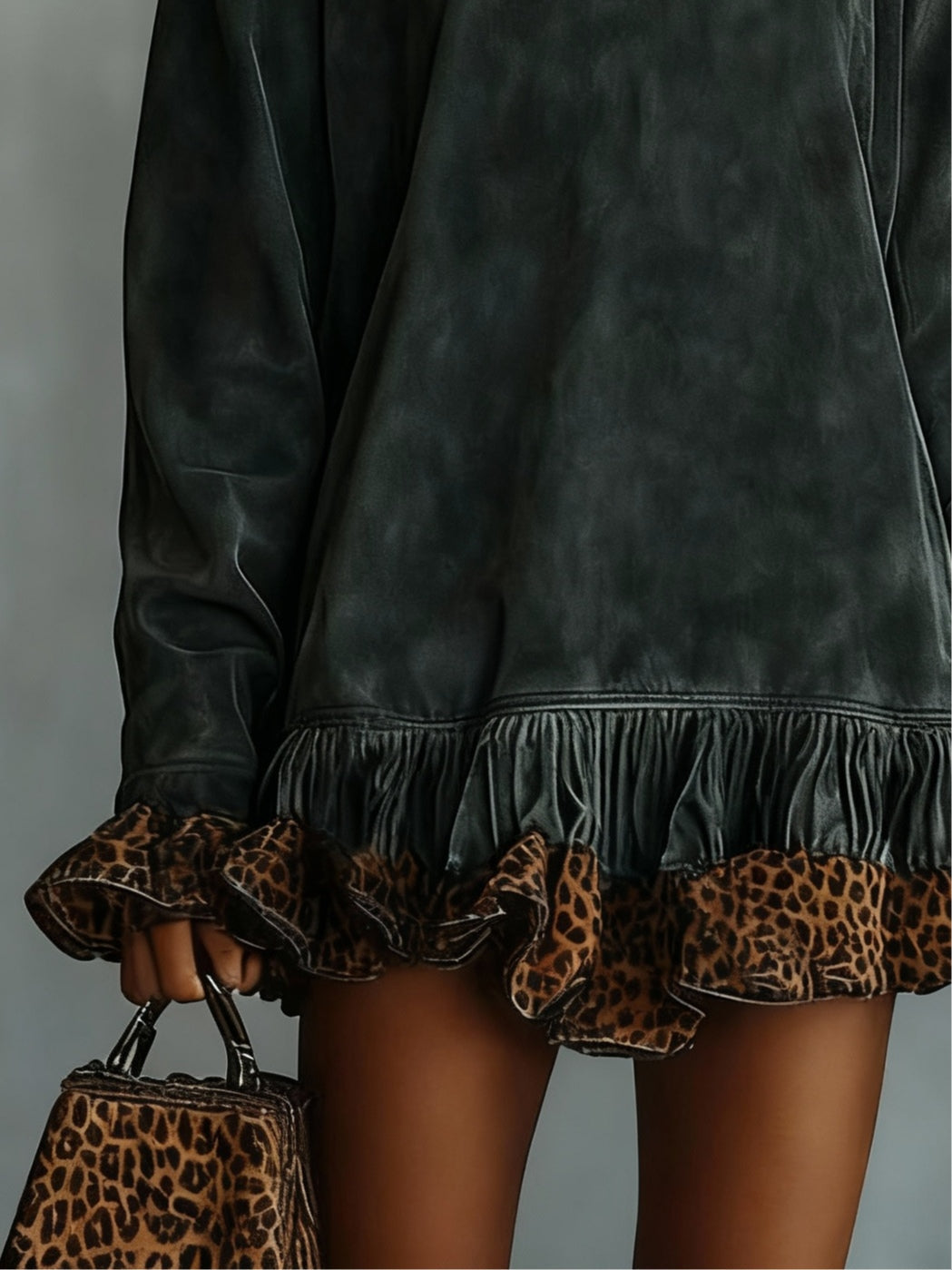 Mini Suede Dress with High Neck and Leopard Print — view 2