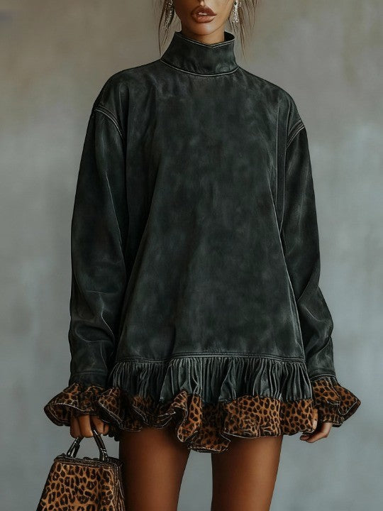 Mini Suede Dress with High Neck and Leopard Print