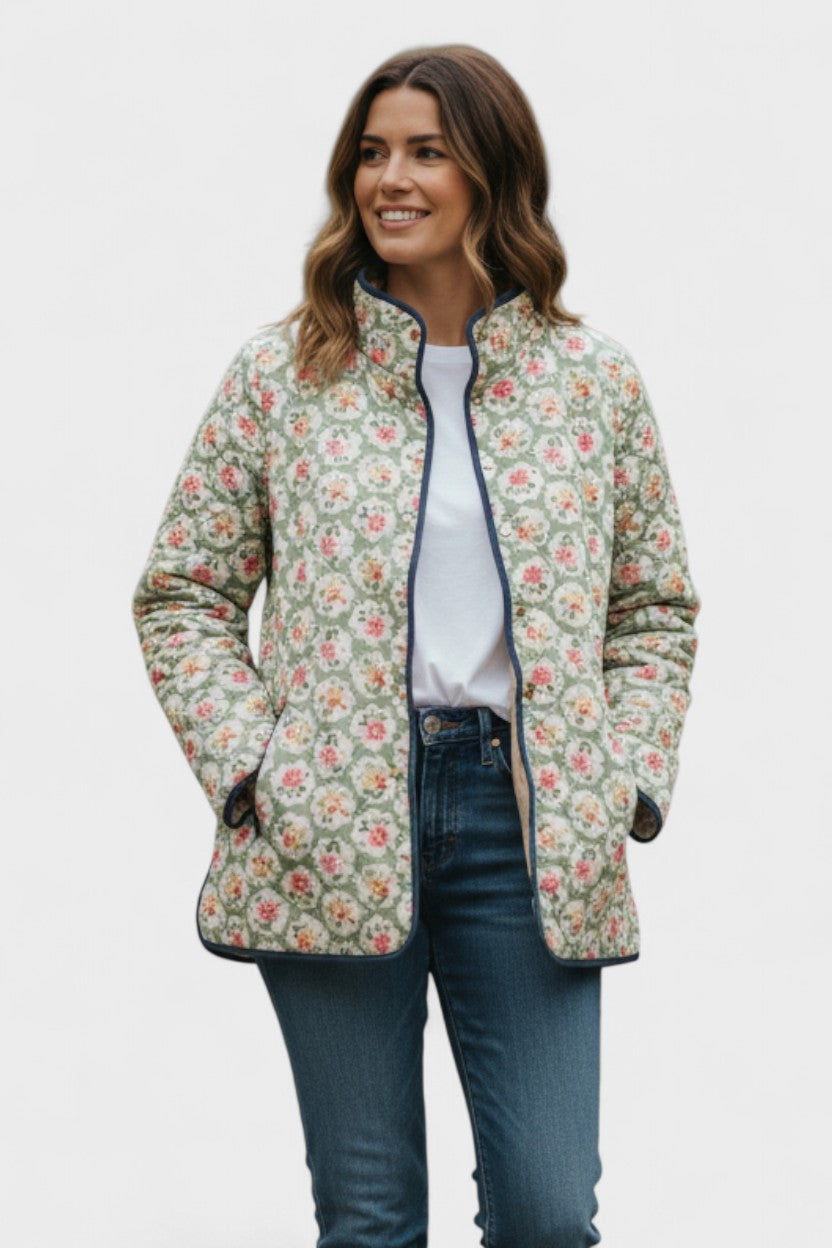 Tamsin™ | Quilted Jacket with Roses on Sage — view 2
