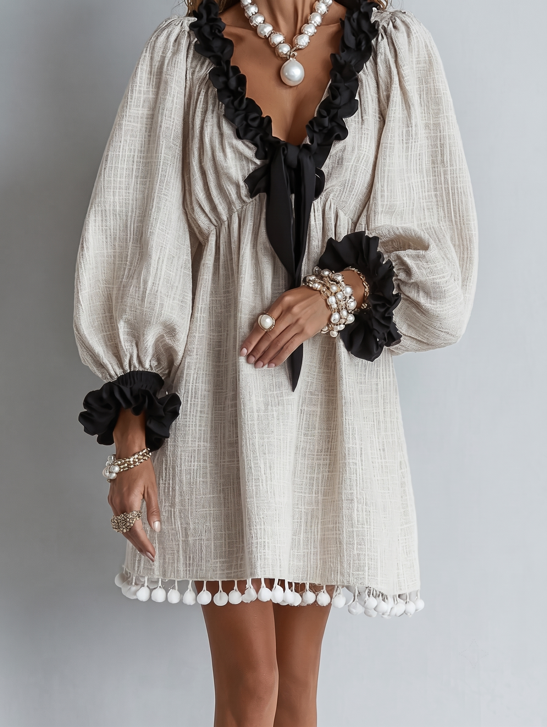 Two-Tone Mini Dress with Puff Sleeves and Frills